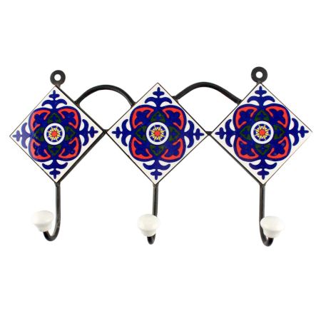 Navy Blue Ceramic Floral Tile Hook